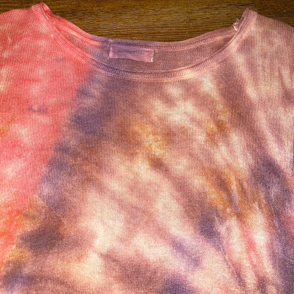 By Together Brown, Red & Purple Tie-Dye Linen Scoop Neck Short Sleeve Top Size L - Picture 11 of 13